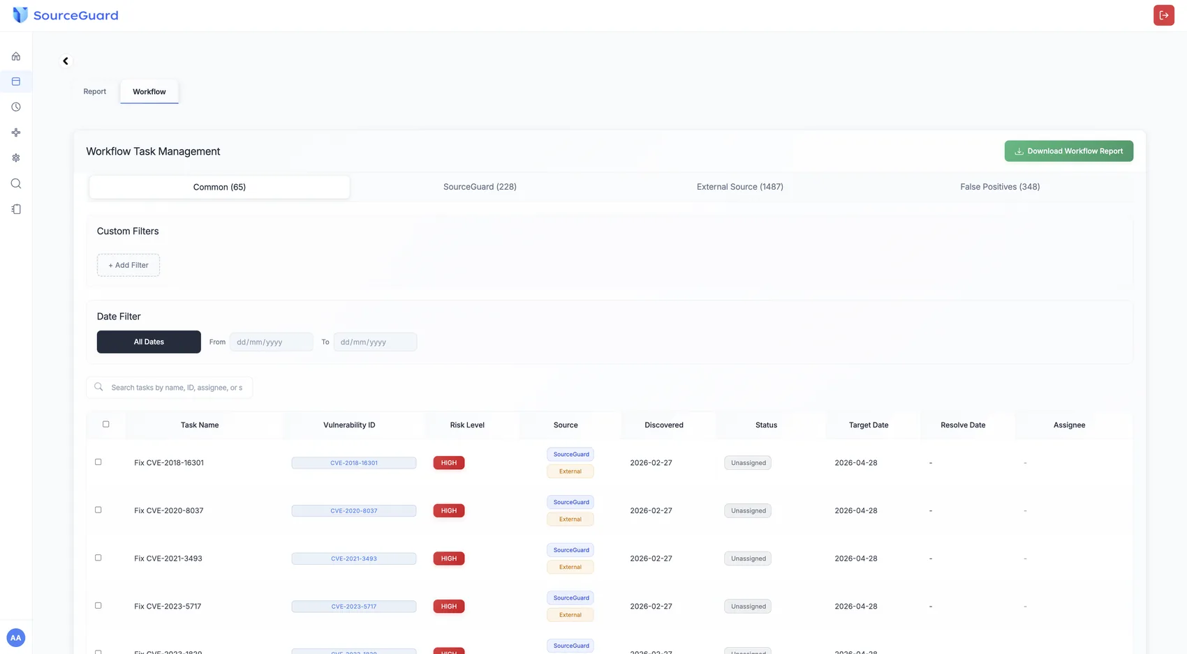 Our platform cross-verification workspace, with findings split across Common, Our platform, External Source and False Positives