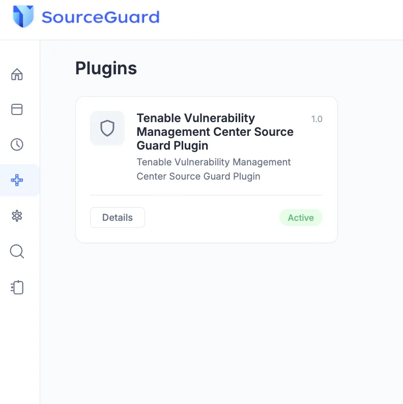 Plugins page listing supported external scanning tools, including the Tenable Vulnerability Management Centre plugin