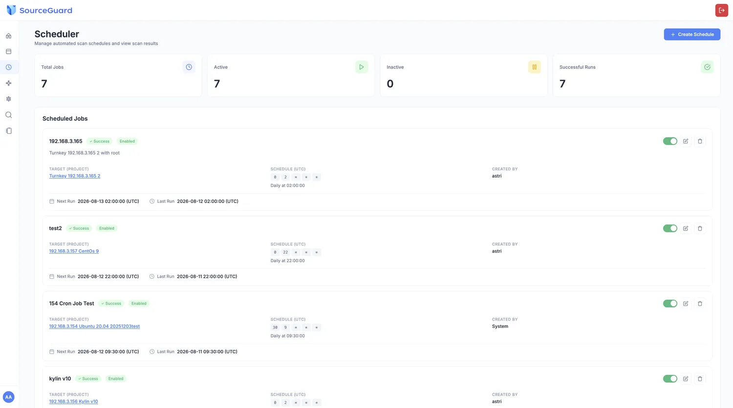 Scheduler screen with Cron-style timing for automated scans and the next scheduled scan time