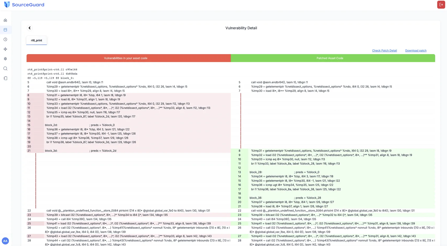 Side-by-side comparison of the vulnerable asset code and the recommended fixed code, with affected file paths and patch details